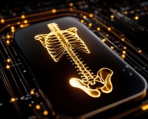 Obraz premium An illuminated skeletal system displayed on a digital circuit background, symbolizing health and technology innovation.