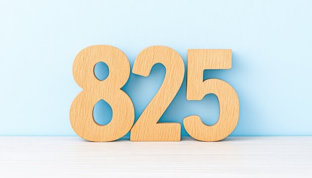 Wooden numbers 825 displayed on a light blue background with a clean surface