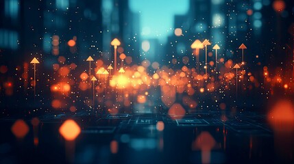 Fototapeta premium Abstract Technology Background: Digital Growth and Innovation. Futuristic Cityscape with glowing arrows symbolizing progress and success.