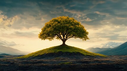 Lone tree on hilltop sunset landscape