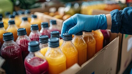 Colorful bottles of juice are neatly arranged in a market. A person wearing blue gloves reaches out to grab a bottle, immersed in the lively atmosphere of local produce
