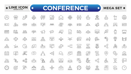 Conference set of web icons in line style. Live webinar icons for web and mobile app. Containing conference, business meeting, classroom, team, interview, meeting, work. Editable stroke outline icon.