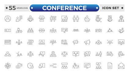 Conference set of web icons in line style. Live webinar icons for web and mobile app. Containing conference, business meeting, classroom, team, interview, meeting, work. Editable stroke outline icon.