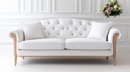 Elegant White Couch with Tufted Backrest and Decorative Pillows Surrounded by Floral Arrangement in Bright Room