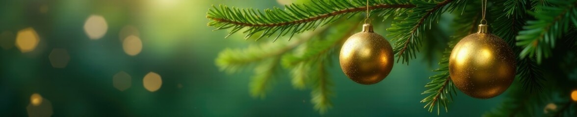 Obraz premium Decorative gold balls hanging from evergreen tree limbs, garland, tree