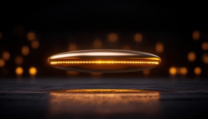 Futuristic hovering object with glowing lights against a dark background, representing innovation and advanced technology.