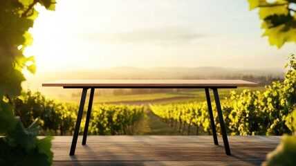 Naklejka premium Wooden Table in Vineyard at Sunset, Capturing Nature's Beauty and Tranquility in a Serene Setting