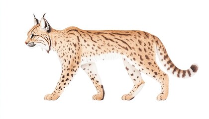 Obraz premium Realistic illustration of a lynx walking gracefully across a white background, showcasing its detailed fur