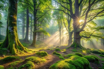 Obraz premium Sunlit Path Through a Mystical, Moss-Covered Forest with Golden Rays Illuminating the Ancient Trees and Lush Undergrowth