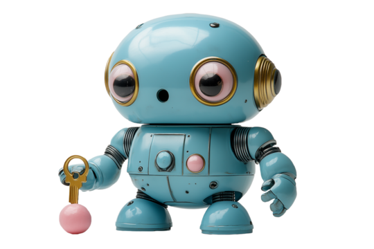 Cute blue robot toy with big round eyes holding a golden key, cartoonish retro futuristic design, pastel colors, 3D render, isolated on transparent background
