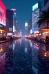 Fototapeta premium Night Cityscape Reflection Wet Street Neon Lights Urban Scene at Dusk
