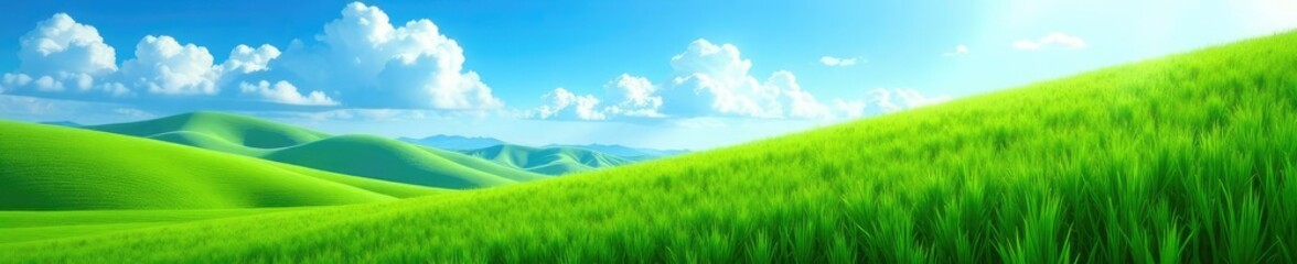 Fototapeta premium Blue sky with green crops growing on a hillside, nature, green crops, hillside
