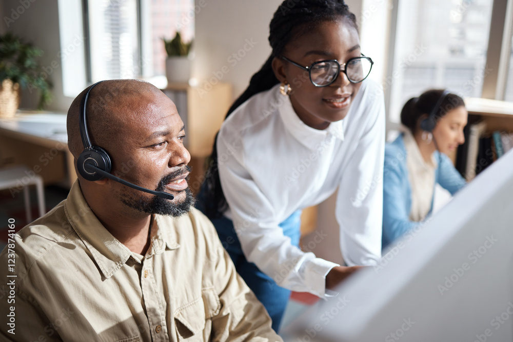 Poster help, computer or people in customer service training with leader for learning telemarketing or supp