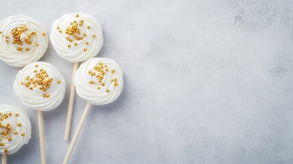 Elegant gold-decorated white meringue lollipops artfully displayed on a soft grey background.