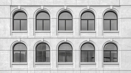 Obraz premium Grey Stone Building Facade With Repeating Arched Windows
