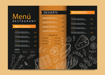Pizza restaurant menu layout design brochure or food flyer template vector illustration. Pizzeria logo with vintage typographic decoration elements and fast food graphics.
