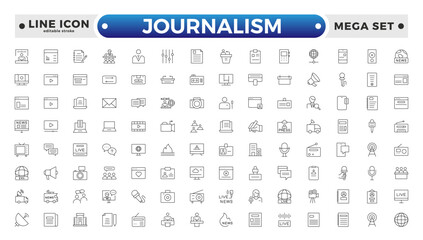 Journalism icon set. Containing journalist, news, microphone, interview, reporter, podcast, press badge, newspaper, and radio. Editable stroke outline icon.