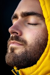 Obraz premium Young man with a beard wearing a yellow hoodie closes his eyes in a moment of peace during twilight