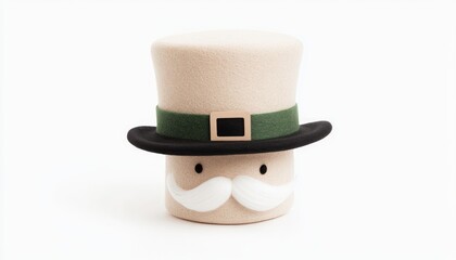 A whimsical, plush character with a top hat and mustache on a clean white background