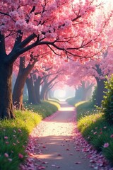 Soft pink light filters through blooming cherry blossoms on serene garden path, serene, garden, hazy