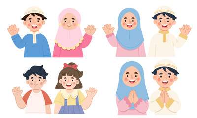 Illustration set of cheerful children waving hands