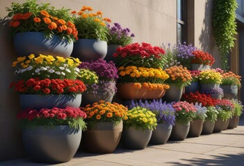 Fototapeta premium Stacked planters filled with a rainbow of blooms , planter arrangement, garden containers