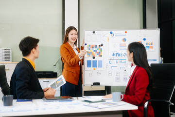 Office colleagues have a casual discussion. During a meeting in a conference room, a group of business teem