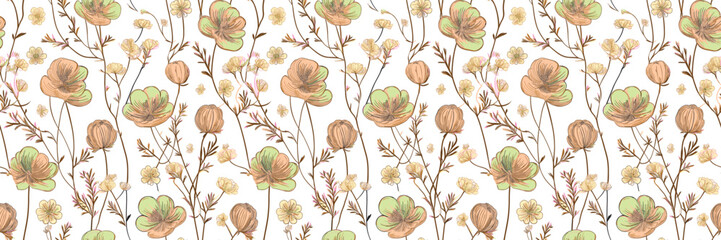 Repeating pattern of stylized, soft-focus flowers and stems in muted earth tones against a light background.