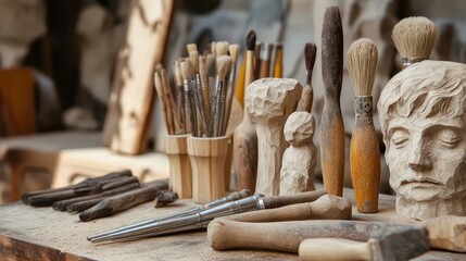 Sculptor's Workshop: A collection of carving tools and unfinished sculptures rests on a workbench, showcasing the artist's process and the textures of wood and stone.