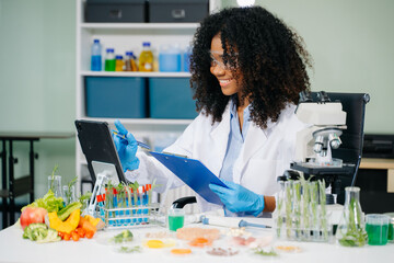 Food scientist in a lab testing food samples with modern equipment, ensuring food safety and quality control.