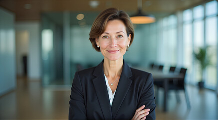 Portrait of a professional woman short haired in a suit standing in a modern office. Mature business woman looking at the camera in a workplace meeting area