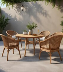 Fototapeta premium Stylish outdoor furniture set with wicker chairs and wooden table, alfresco dining, stylish