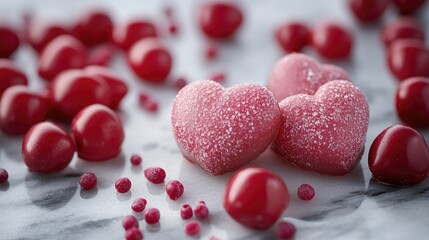 Sugar coated heart shaped candies with red berries
