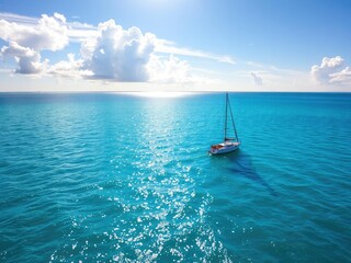 Fototapeta premium Sunny day with sailboat on calm Caribbean waters under brilliant blue sky, sailboat, horizon, palm tree