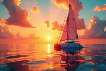 Sunset sailing catamaran with sail raised high, circle, sunset, tropical