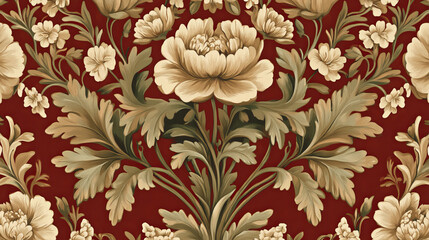 Seamless vintage fleur-de-lis pattern of beige florid victorian ornaments with decorative leaves and tendrils on red background. May be use as upholstery textile or wallpaper design