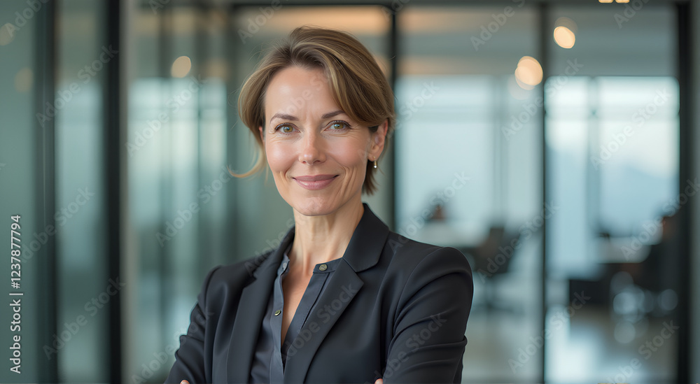 Wall mural Portrait of a professional woman short haired in a suit standing in a modern office. Mature business woman looking at the camera in a workplace meeting area