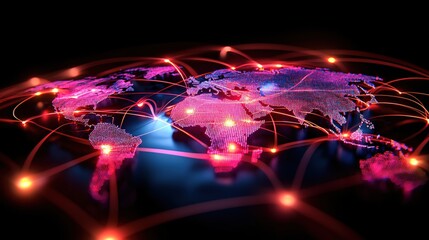 Obraz premium Global Network Connections Digital World Map Technology Data Flow
