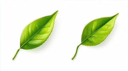 A simple vector logo of two green tea leaves, on a white background, with no shadows, using simple shapes and lines, in an icon style, with a minimalistic design