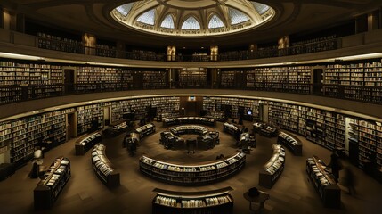 Obraz premium Round bookshelf in a library, warm light, blurred reading tables and people in background, cinematic wide-angle view