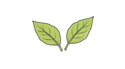 A simple vector logo of two green tea leaves, on a white background, with no shadows, using simple shapes and lines, in an icon style, with a minimalistic design