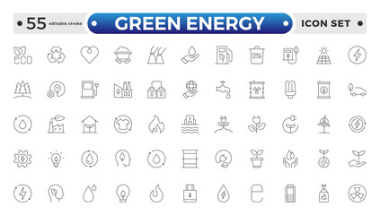 Green Energy outline icon. Recycling Symbol, Solar Panel, Wind Turbine, Electric Vehicle, Eco-Friendly, Eco-Friendly Homes, Water Conservation, Green Energy Light Bulb. Editable stroke outline icon.