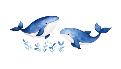 Obraz premium Two playful blue whales swimming gracefully amidst gentle aquatic plants in a serene ocean setting