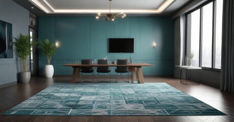 Fototapeta premium Teal and gray geometric patterned rug in conference room, modern, conference room, geometric pattern