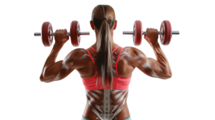 Strong woman with painted skeleton lifting dumbbells on a transparent background