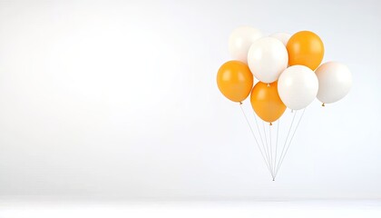 A vibrant cluster of orange and white balloons floating against a clean, minimalist background