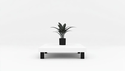 Minimalistic interior scene featuring a potted plant on a white table against a plain background