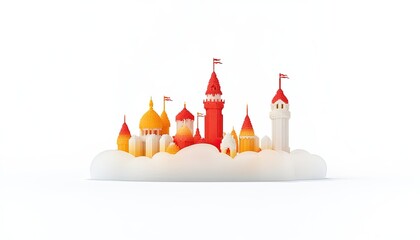 Colorful miniature castle skyline with flags, set against a white background, ideal for children's decor