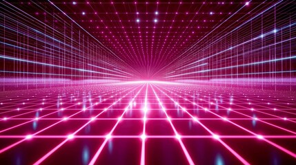 Obraz premium Cyberpunk Grid: Neon Lines and Glowing Pink Abstract Digital Art - Futuristic Technology Background
