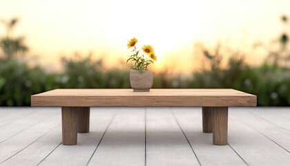 A wooden table with a potted sunflower against a sunset backdrop in a serene outdoor setting